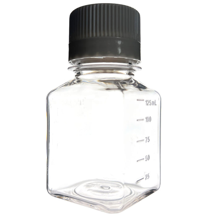 Eisco - Pack of 24, 125mL Sterile PETG Media Bottles with HDPE Caps, Square, Leak-Proof, Tamper-Evident, Non-Pyrogenic, Gamma Sterilized, Ideal for Lab Reagents, Buffers & Biopharmaceutical Use