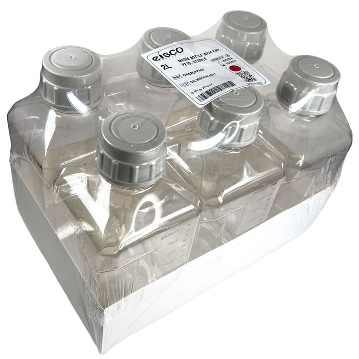 Eisco - Pack of 6, 2L Sterile PETG Media Bottles with HDPE Caps, Square, Leak-Proof, Tamper-Evident, Non-Pyrogenic, Gamma Sterilized, Ideal for Lab Reagents, Buffers & Biopharmaceutical Use