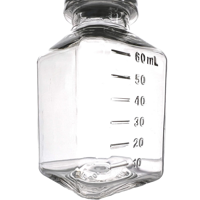 Eisco - Pack of 24, 60mL Sterile PETG Media Bottles with HDPE Caps, Square, Leak-Proof, Tamper-Evident, Non-Pyrogenic, Gamma Sterilized, Ideal for Lab Reagents, Buffers & Biopharmaceutical Use