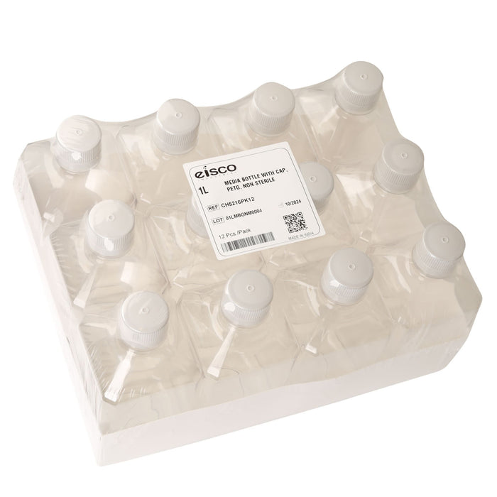 Eisco - Pack of 12, 1L PETG Media Bottles with HDPE Caps, Non-Sterile, Square, Leakproof, Tamper-Evident, Laboratory-Grade, Ideal for Lab Reagents, Buffers & Biopharmaceutical Processing