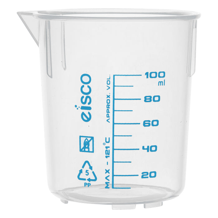 Premium 100mL Beaker - Polypropylene Plastic, Blue Screen Printed, 10mL Graduations, Eisco Labs