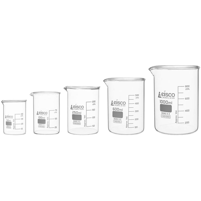 Eisco Labs - Premium Borosilicate Glass Beaker Set - 50mL, 100mL, 250mL, 600mL, 1000mL - Low Form, White Graduations, Durable, Heat & Chemical Resistant Glassware for Measuring, Mixing, Experiments