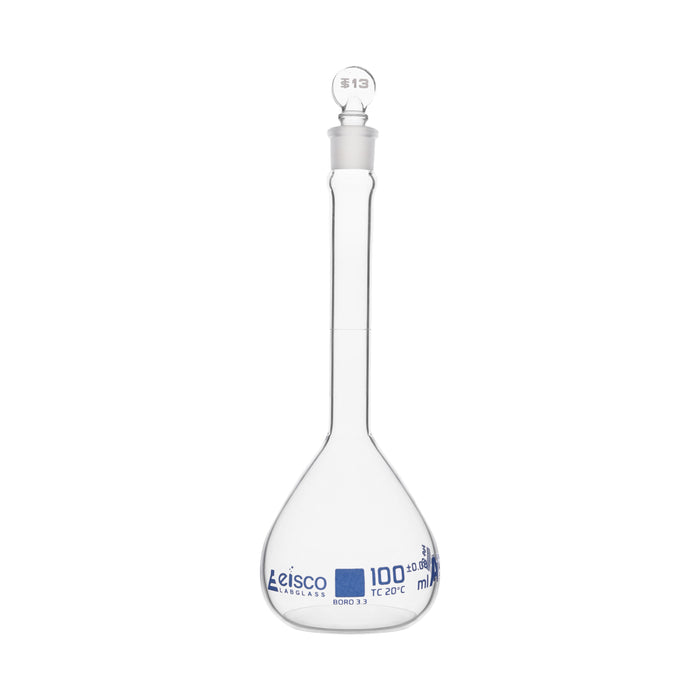 Volumetric Flask, 100ml - Class A, ASTM - Tolerance ±0.080 ml - Glass Stopper -  Single, Blue Graduation - Eisco Labs