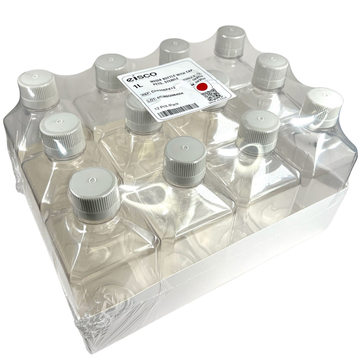 Eisco - Pack of 12, 1L Sterile PETG Media Bottles with HDPE Caps, Square, Leak-Proof, Tamper-Evident, Non-Pyrogenic, Gamma Sterilized, Ideal for Lab Reagents, Buffers & Biopharmaceutical Use