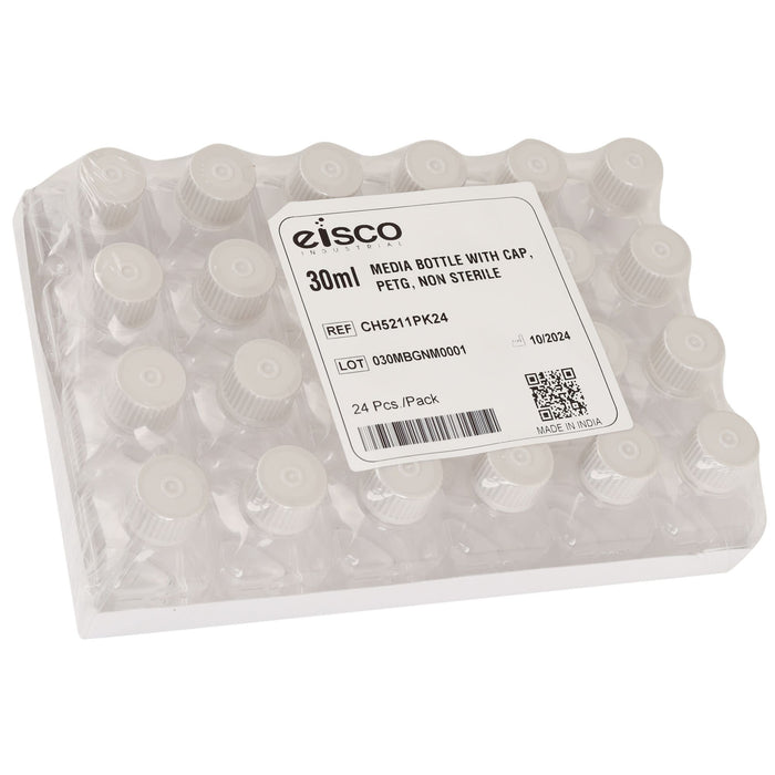 Eisco - Pack of 24, 30mL PETG Media Bottles with HDPE Caps, Non-Sterile, Square, Leakproof, Tamper-Evident, Laboratory-Grade, Ideal for Lab Reagents, Buffers & Biopharmaceutical Processing