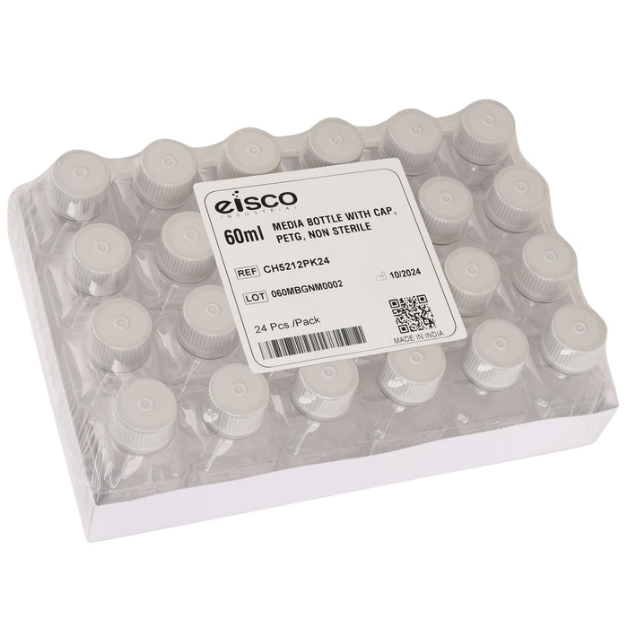 Eisco - Pack of 24, 60mL PETG Media Bottles with HDPE Caps, Non-Sterile, Square, Leakproof, Tamper-Evident, Laboratory-Grade, Ideal for Lab Reagents, Buffers & Biopharmaceutical Processing