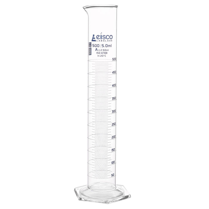 Eisco Labs - 500mL Measuring Cylinder - Tolerance ±2.50mL - Class A Graduated Cylinder - Calibrated TC - Hexagonal Base - Blue Graduations - Batch Work Certificate QR Code - Boro 3.3 Glass