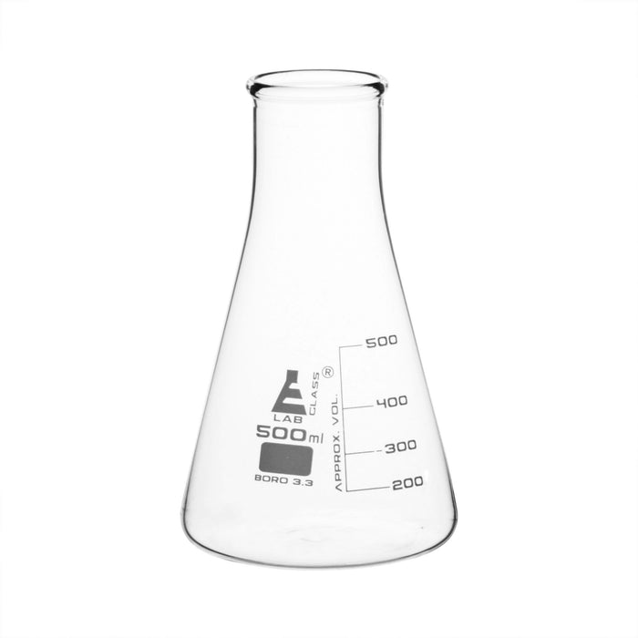 Erlenmeyer Flask, 500ml - Borosilicate Glass - Wide Neck, Conical Shape - White Graduations - Eisco Labs