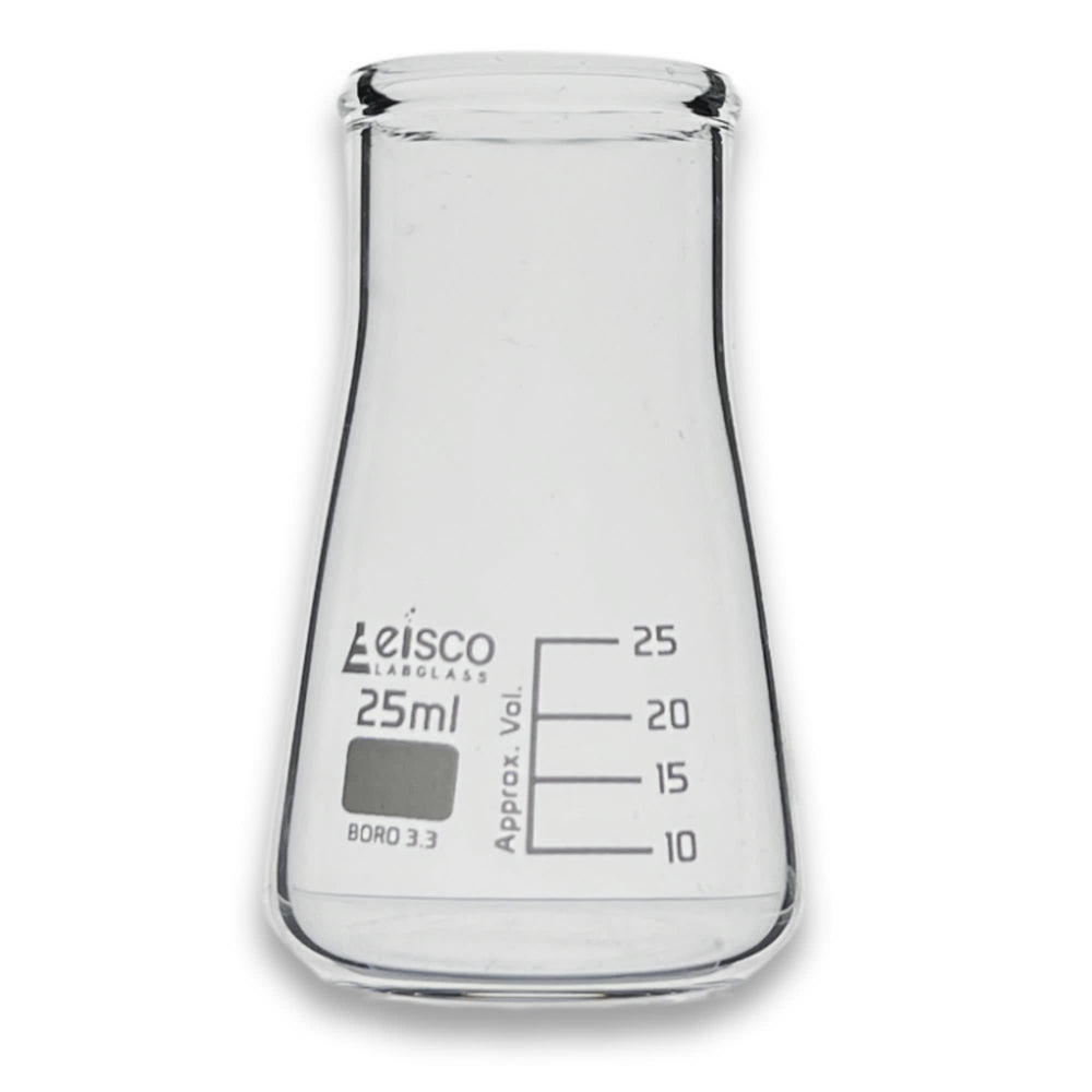 Eisco Labs - 25mL Conical Flask, Wide Neck, Borosilicate Glass, Heat Resistant Flask for Small Volume Mixing, Titrations, Sample Storage, Scientific Experiments - Ideal for Chemists, Microbiologists, and Labs