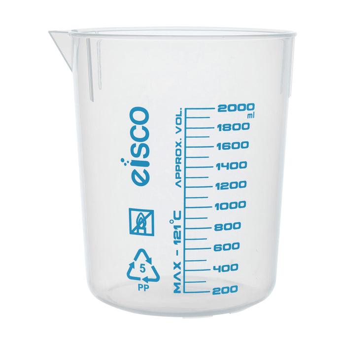 Premium 2000mL Beaker - Polypropylene Plastic, Blue Screen Printed, 100mL Graduations, Eisco Labs