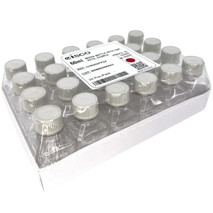 Eisco - Pack of 24, 60mL Sterile PETG Media Bottles with HDPE Caps, Square, Leak-Proof, Tamper-Evident, Non-Pyrogenic, Gamma Sterilized, Ideal for Lab Reagents, Buffers & Biopharmaceutical Use