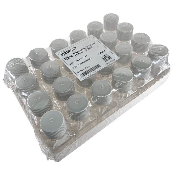 Eisco - Pack of 24, 125mL PETG Media Bottles with HDPE Caps, Non-Sterile, Square, Leakproof, Tamper-Evident, Laboratory-Grade, Ideal for Lab Reagents, Buffers & Biopharmaceutical Processing