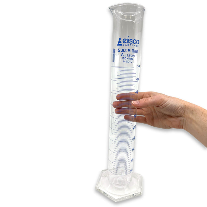 Eisco Labs - 500mL Measuring Cylinder - Tolerance ±2.50mL - Class A Graduated Cylinder - Calibrated TC - Hexagonal Base - Blue Graduations - Batch Work Certificate QR Code - Boro 3.3 Glass