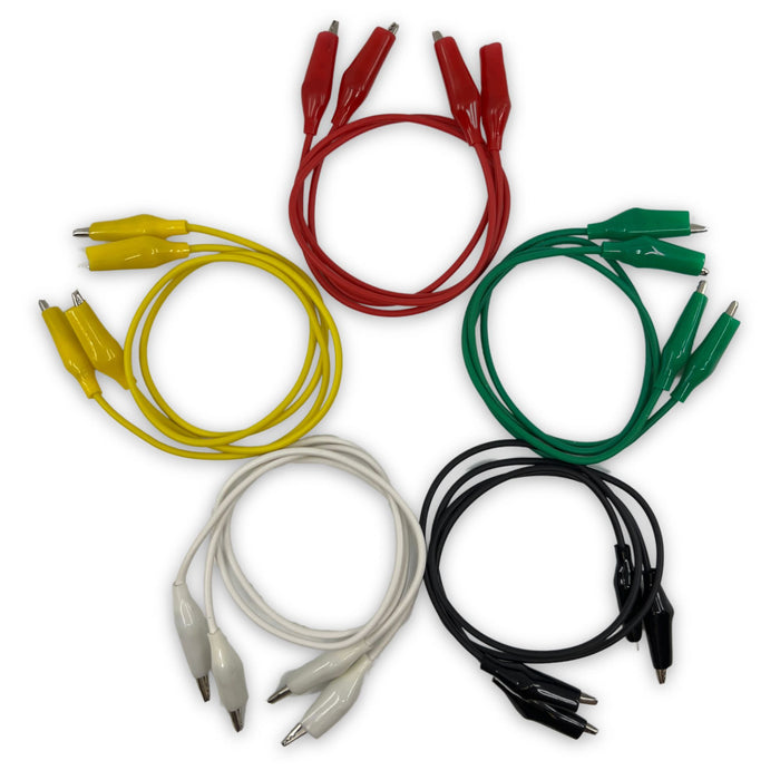 Eisco Labs - Crocodile Lead Set, Pack of 10 - 17 Inch Wires with Crocodile Clips, 2 Each of 5 Colors (White, Red, Green, Black, Yellow) - Electrical Testing Leads with Insulated Clips for Lab Experiments