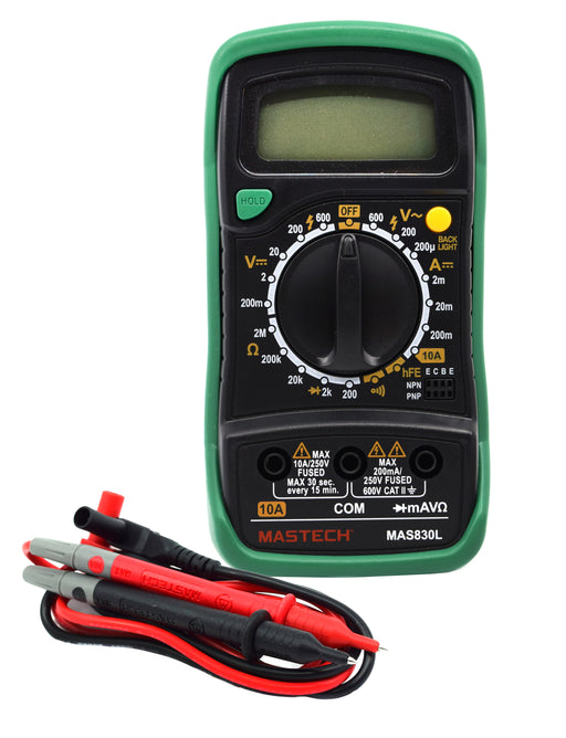 Digital Multimeter Model M-830L - DC Voltage 200mV - 600V /  AC Voltage 200V - 600V - Testing Leads, Battery & Instructions Included - Drop Resistant Case - Eisco Labs