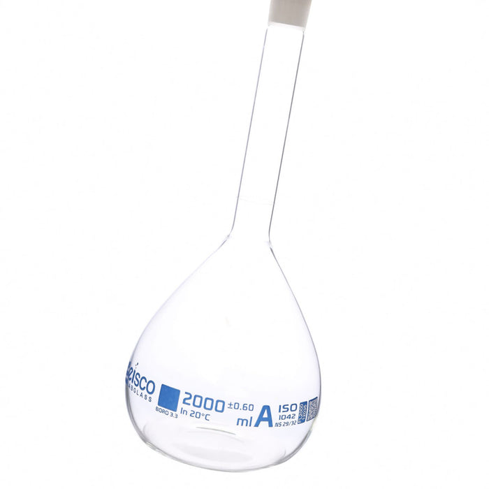 Eisco Volumetric Flask, 2000mL - Class A - Borosilicate Glass, Polyethylene Stopper, 29/32 Socket - QR Code Marking for Calibration Certificate