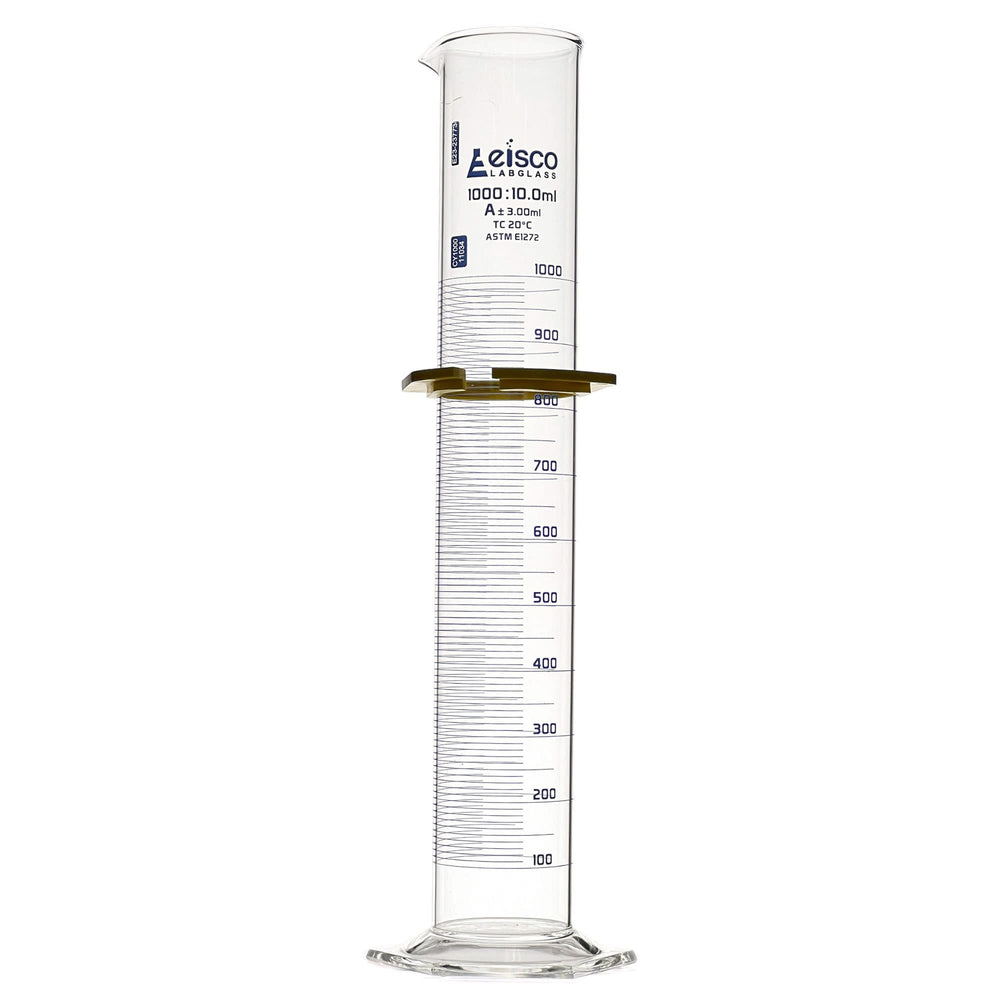 Eisco Labs - Graduated Cylinder, 1000mL - ASTM, Class A - Tolerance ±3.00mL - Protective Collar, Hexagonal Base - Blue Graduations - with Individual Work Certificate - Borosilicate 3.3 Glass