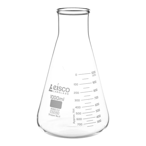 Erlenmeyer Flask, 1000mL - Wide Neck - ASTM, Dual Graduated Scale - Borosilicate Glass - Wide Neck Flasks, Conical Flasks, Glass Flasks - Eisco Labs