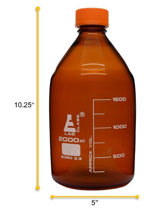 Reagent Bottle, 2000ml - Amber Colored Glass - Orange Screw Cap - Borosilicate 3.3 Glass