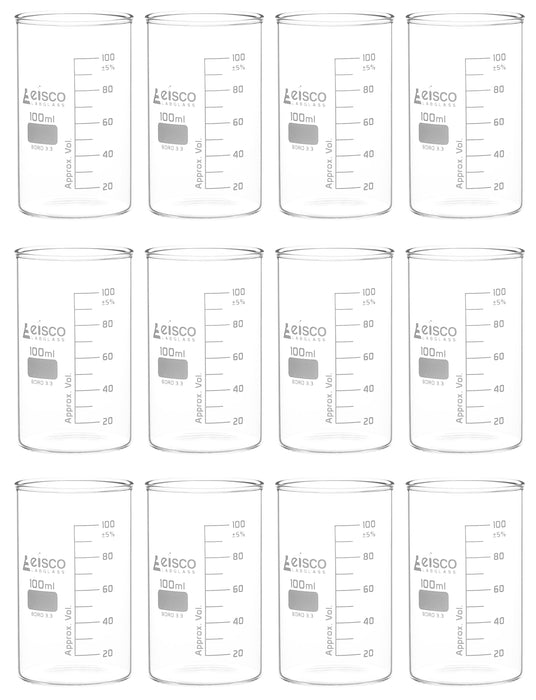 12PK Beakers, 100mL - Berzelius Tall Form, No Spout - Graduated - Borosilicate Glass