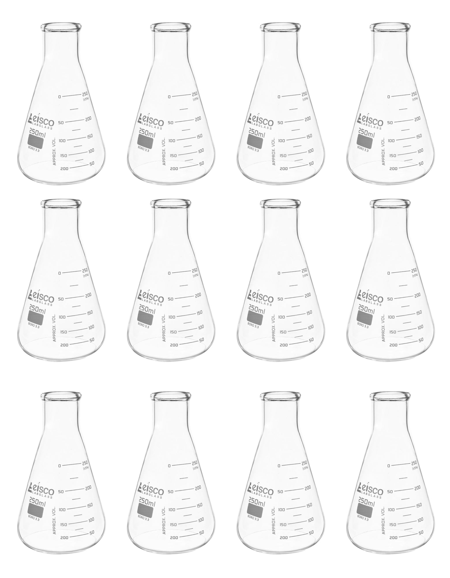 12PK Erlenmeyer Flasks, 250mL - ASTM, Dual Graduated Scale - Borosilic ...