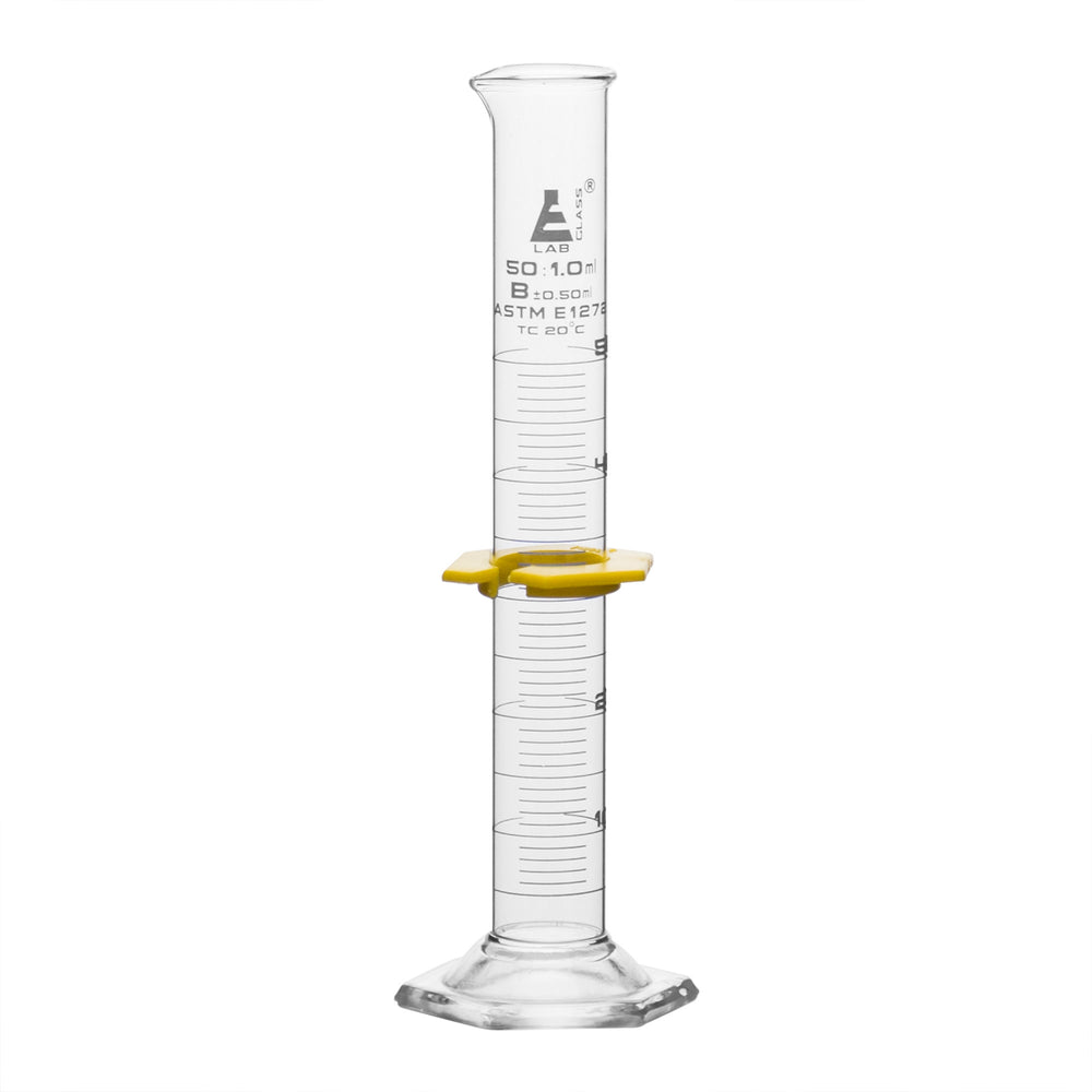 Eisco Labs - 50mL Graduated Measuring Cylinder, Class 'B', Hexagonal Base with Spout, Borosilicate Glass, White Graduations, Plastic Guard - Laboratory Measuring Tool for Scientific and Educational Use