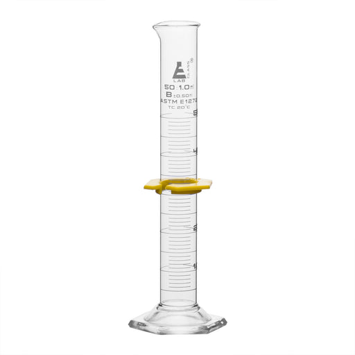 Eisco Labs - 50mL Graduated Measuring Cylinder, Class 'B', Hexagonal Base with Spout, Borosilicate Glass, White Graduations, Plastic Guard - Laboratory Measuring Tool for Scientific and Educational Use