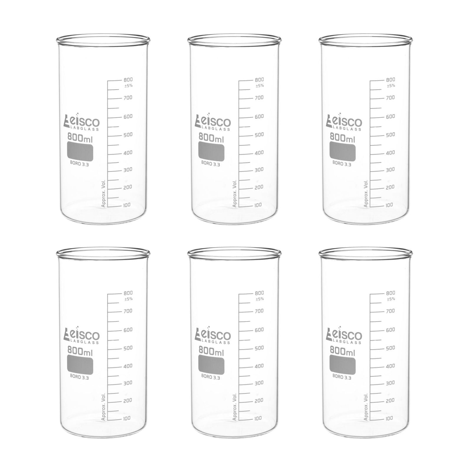 Eisco 6PK Tall Form Beakers Without Spout, 800mL - Graduated - Borosil ...