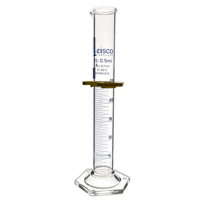 Eisco Labs - Graduated Cylinder, 25mL - ASTM, Class A - Tolerance ±0.17mL - Protective Collar, Hexagonal Base - Blue Graduations - with Individual Work Certificate - Borosilicate 3.3 Glass