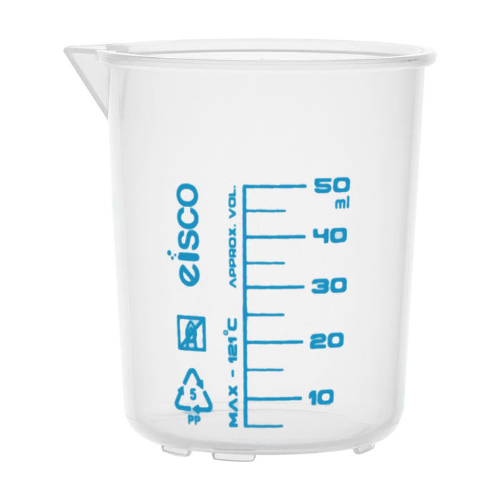 Premium 50mL Beaker - Polypropylene Plastic, Blue Screen Printed, 5mL Graduations - Eisco Labs