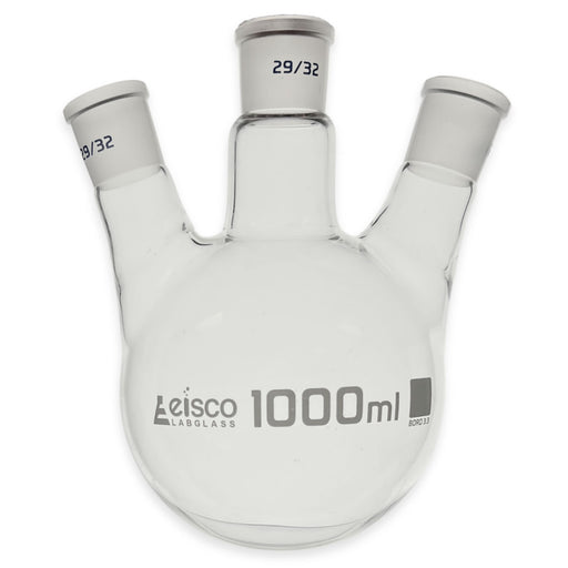 Eisco Labs - 1000mL Distilling Flask with 3 Angled Necks, Round Bottom, 29/32 Ground Glass Joints - Borosilicate Glass, Multi-Neck Flask for Distillation, Reflux, Vacuum, and Chemical Synthesis Applications