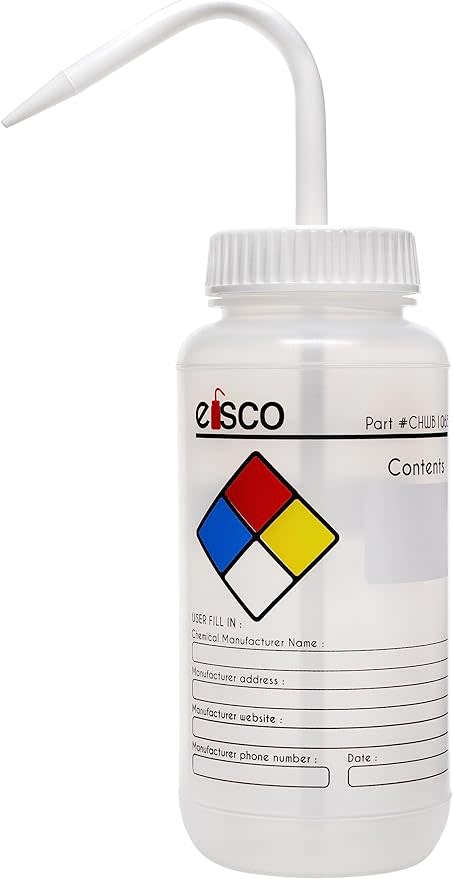 Chemical Wash Bottle, Blank Labels, 500mL - Wide Mouth, Self Venting, Low Density Polyethylene - NFPA Hazard Diamond - Performance Plastics by Eisco Labs