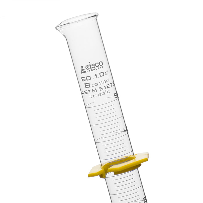 Eisco Labs - 50mL Graduated Measuring Cylinder, Class 'B', Hexagonal Base with Spout, Borosilicate Glass, White Graduations, Plastic Guard - Laboratory Measuring Tool for Scientific and Educational Use