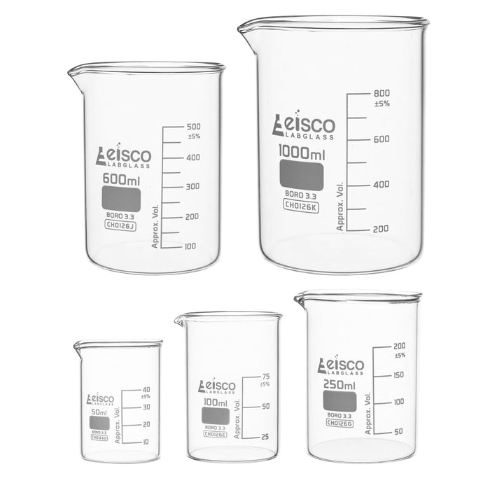 Eisco Labs - Premium Borosilicate Glass Beaker Set - 50mL, 100mL, 250mL, 600mL, 1000mL - Low Form, White Graduations, Durable, Heat & Chemical Resistant Glassware for Measuring, Mixing, Experiments