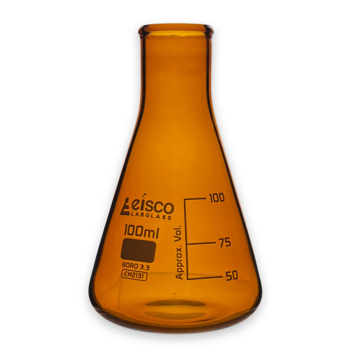 Eisco Labs - 100 mL Amber Erlenmeyer Flask with Graduated Markings at 50 mL, 75 mL, 100 mL, Borosilicate Glass for Light-Sensitive Solutions, Narrow Neck for Mixing, Storage, Heating, and Lab Use