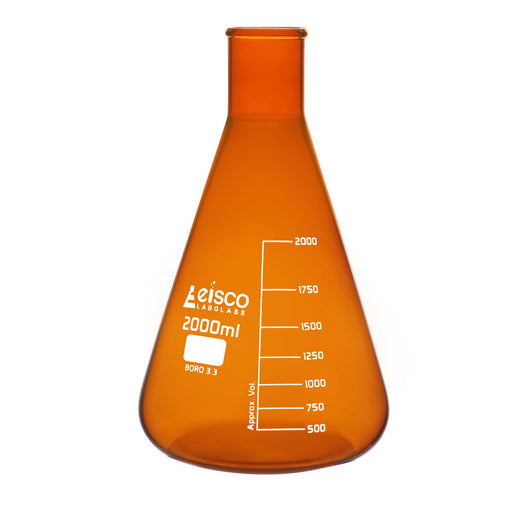 Erlenmeyer Flask, Amber, 2000mL - Borosilicate Glass - Narrow Neck Flasks, Conical Flasks, Glass Flasks - Eisco Labs