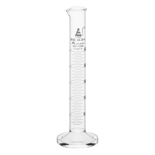 Eisco Labs - 25mL Graduated Measuring Cylinder, Class A, Borosilicate Glass, Round Base with Spout, White Graduations, ISO 4788 Certified - Scientific Labware for Accurate Liquid Measurement in Research & Education