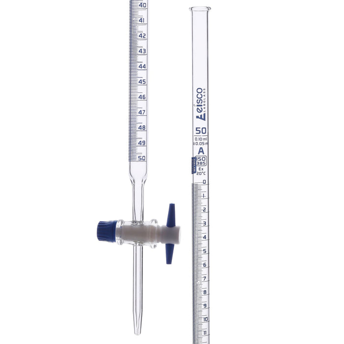 Eisco Labs -  50mL Class A Burette ±0.05mL, Borosilicate Glass with PTFE Key Stopcock - ISO 385 Batch Certified - High Durability and Chemical Resistance, Burette with Stopcock, Precise Flow Burette