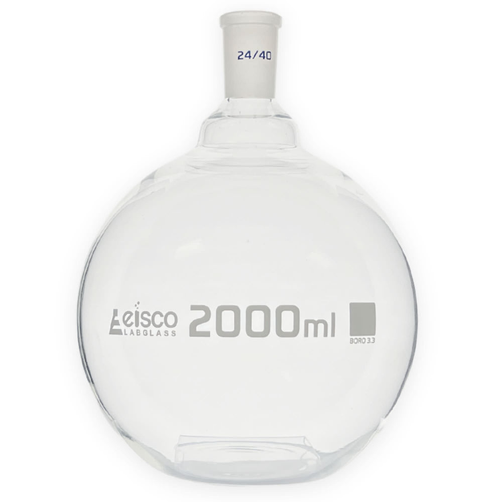 Eisco Labs - 2000 mL Flat Bottom Boiling Flask with 24/40 Ground Joint, Borosilicate Glass, Ideal for Distillation, Reflux, Chemical Reactions, and Solvent Recovery in Laboratory and Industrial Settings