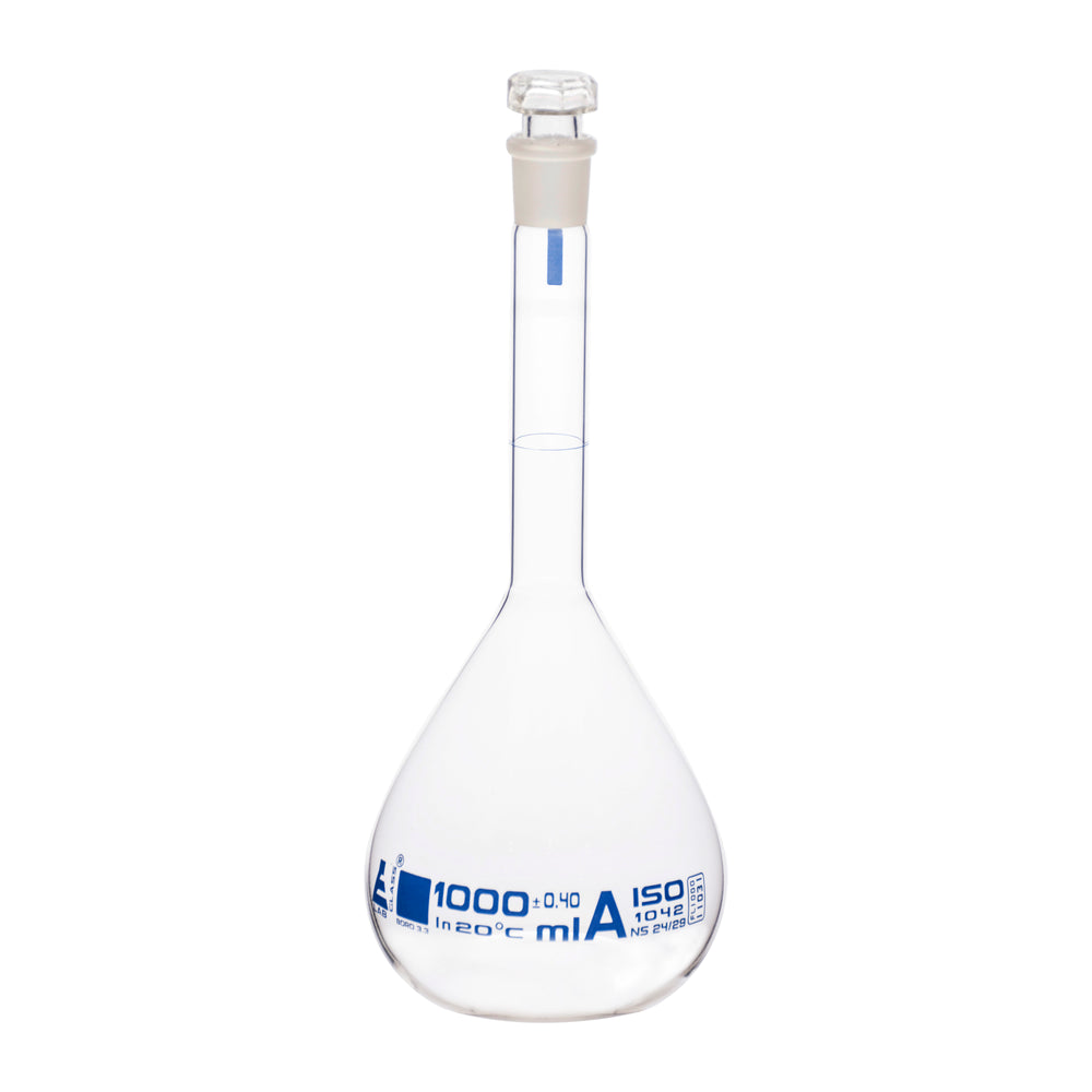 Eisco Labs - 1000mL Class A Volumetric Flask, 24/29 Socket, Hexagonal Hollow Stopper, Borosilicate Glass, ISO 1042 Certified, Blue Printing - Laboratory Flask for Accurate Solution Preparation, Chemical Analysis, and Titration