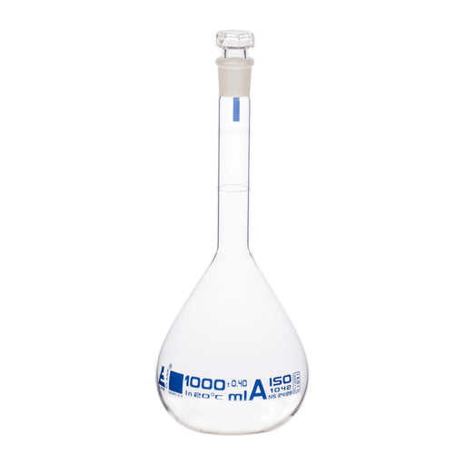 Eisco Labs - 1000mL Class A Volumetric Flask, 24/29 Socket, Hexagonal Hollow Stopper, Borosilicate Glass, ISO 1042 Certified, Blue Printing - Laboratory Flask for Accurate Solution Preparation, Chemical Analysis, and Titration