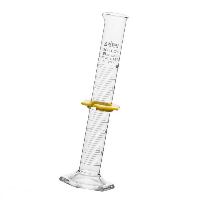 Eisco Labs - 50mL Graduated Measuring Cylinder, Class 'B', Hexagonal Base with Spout, Borosilicate Glass, White Graduations, Plastic Guard - Laboratory Measuring Tool for Scientific and Educational Use