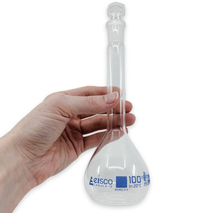 Eisco Labs - 100mL Class A Volumetric Flask, 14/23 Socket, Hexagonal Hollow Stopper, Borosilicate Glass, Blue Printing, ISO 1042 Certified, Precise Solution Preparation, Analytical Chemistry, Laboratory Use