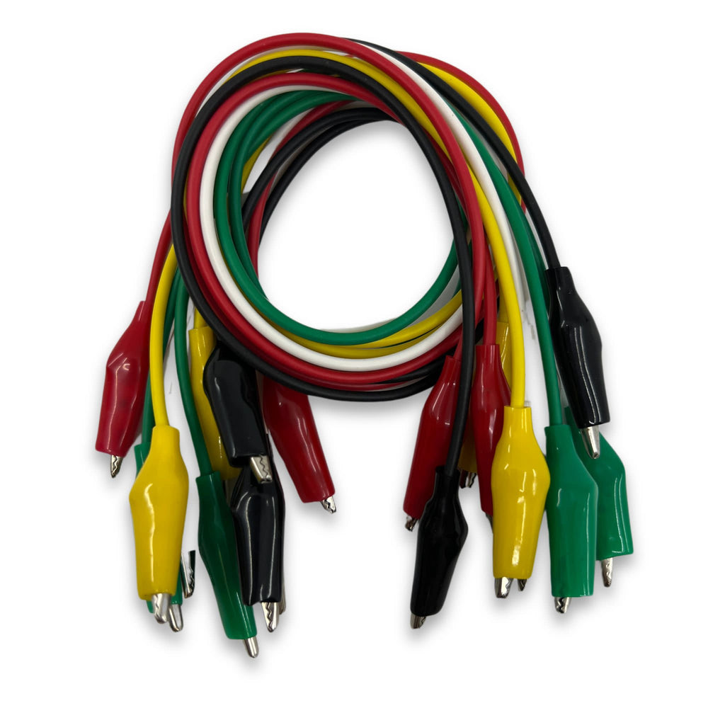 Eisco Labs - Crocodile Lead Set, Pack of 10 - 17 Inch Wires with Crocodile Clips, 2 Each of 5 Colors (White, Red, Green, Black, Yellow) - Electrical Testing Leads with Insulated Clips for Lab Experiments