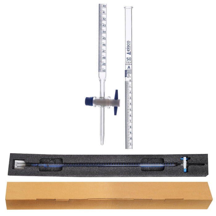 Eisco Labs -  50mL Class A Burette ±0.05mL, Borosilicate Glass with PTFE Key Stopcock - ISO 385 Batch Certified - High Durability and Chemical Resistance, Burette with Stopcock, Precise Flow Burette