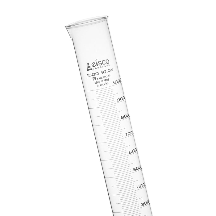 Eisco Labs - Graduated Measuring Cylinder, 1000mL Capacity, Class B, Borosilicate Glass with Round Base and Spout, White Graduations - Scientific Labware for Chemistry, Research, and Educational Use