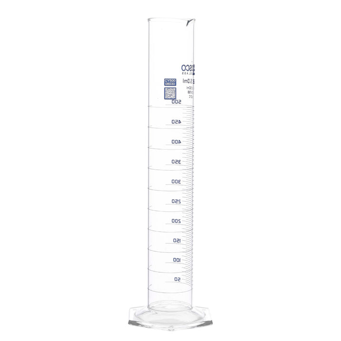 Eisco Labs - 500mL Measuring Cylinder - Tolerance ±2.50mL - Class A Graduated Cylinder - Calibrated TC - Hexagonal Base - Blue Graduations - Batch Work Certificate QR Code - Boro 3.3 Glass