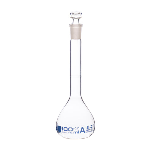 Eisco Labs - 100mL Class A Volumetric Flask, 14/23 Socket, Hexagonal Hollow Stopper, Borosilicate Glass, Blue Printing, ISO 1042 Certified, Precise Solution Preparation, Analytical Chemistry, Laboratory Use