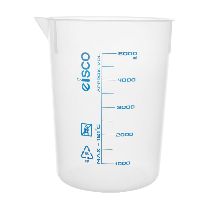 Premium 5000mL Beaker - Polypropylene Plastic, Blue Screen Printed, 500mL Graduations - Eisco Labs