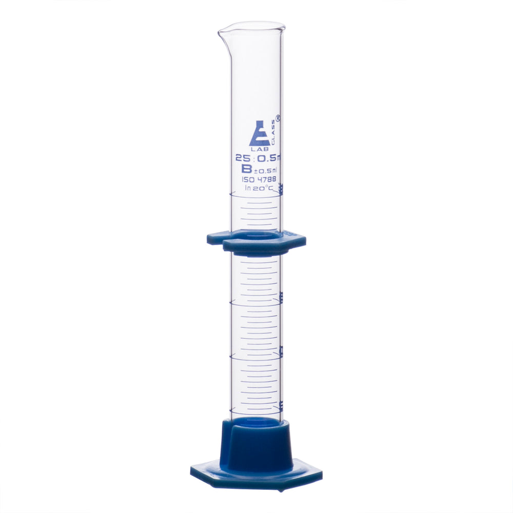 Graduated Cylinder, 25mL - Class B - Detachable, Plastic Hexagonal Base & Protective Collar - Blue Graduations - Borosilicate Glass